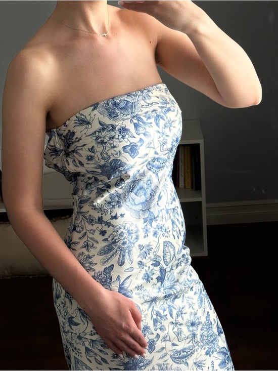 Peppermayo Dresses & Skirts - Peppermayo Cream Strapless Dress with Blue Floral Print
